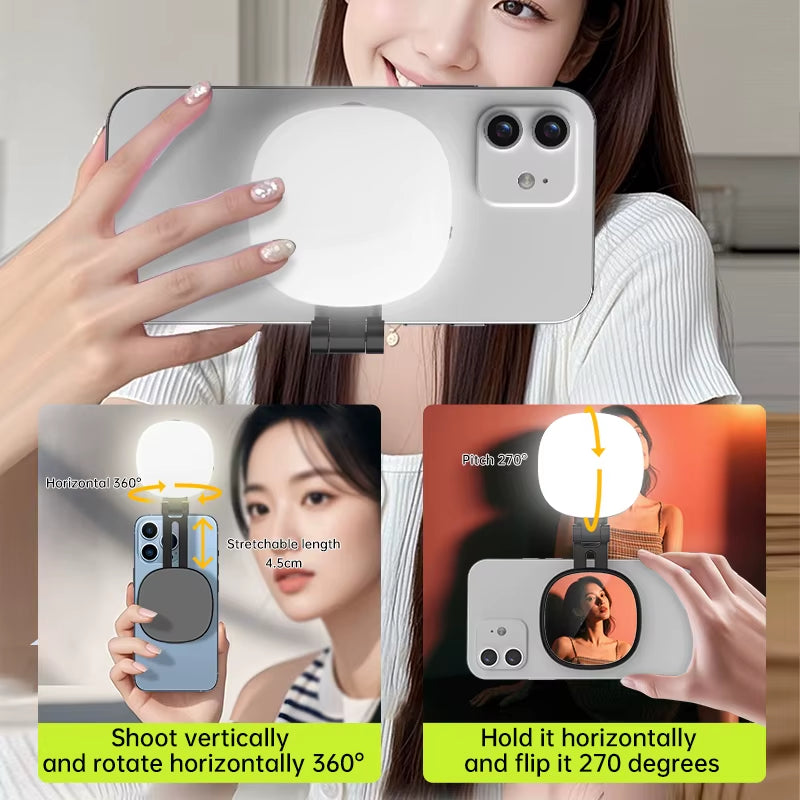 Magnetic Multi-Functional Mobile Phone Selfie Mirror Mini Fill Light Dual-Colour Adjustable Reversible Fill Light Bracket
